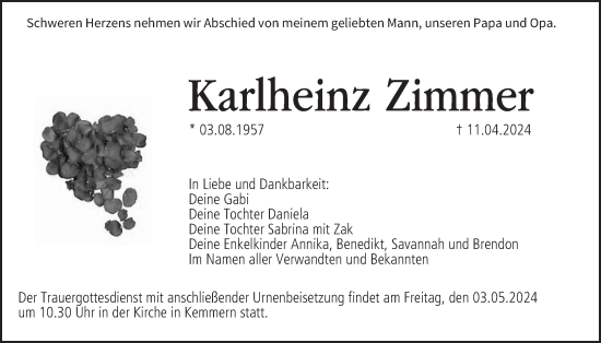 Anzeige von Karlheinz Zimmer von MGO