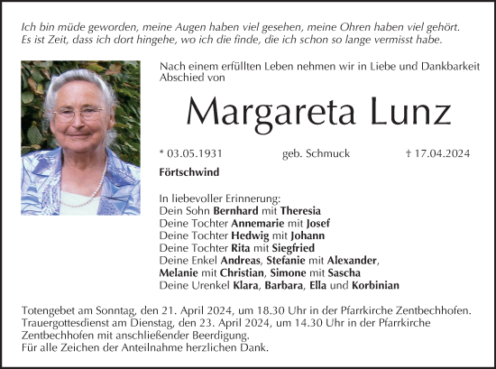 Anzeige von Margareta Lunz von MGO