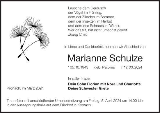 Anzeige von Marianne Schulze von MGO