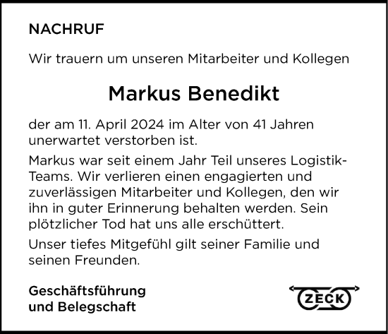 Anzeige von Markus Benedikt von MGO