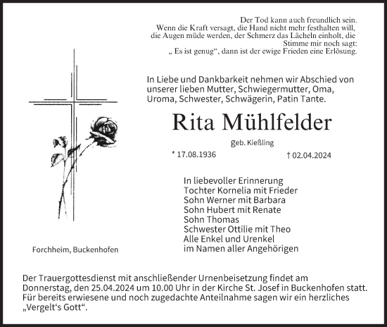 Anzeige von Rita Mühlfelder von MGO