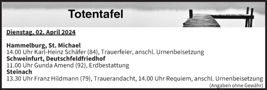 Anzeige von Totentafel vom 02.04.2024 von MGO