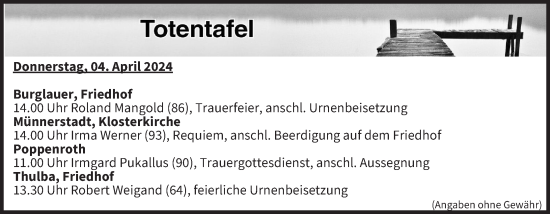 Anzeige von Totentafel vom 04.04.2024 von MGO