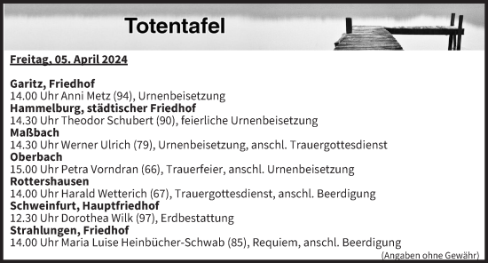 Anzeige von Totentafel vom 05.04.2024 von MGO