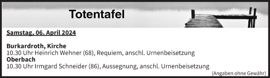 Anzeige von Totentafel vom 06.04.2024 von MGO