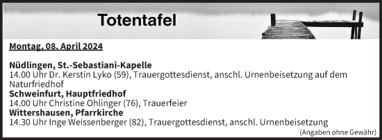 Anzeige von Totentafel vom 08.04.2024 von MGO