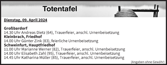 Anzeige von Totentafel vom 09.04.2024 von MGO
