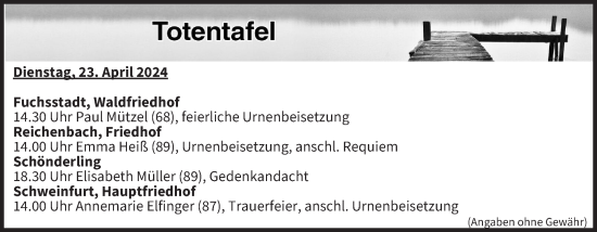 Anzeige von Totentafel vom 23.04.2024 von MGO