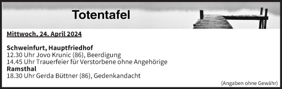 Anzeige von Totentafel vom 24.04.2024 von MGO