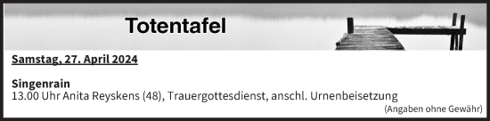 Anzeige von Totentafel vom 27.04.2024 von MGO