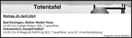 Anzeige von Totentafel vom 29.04.2024 von MGO