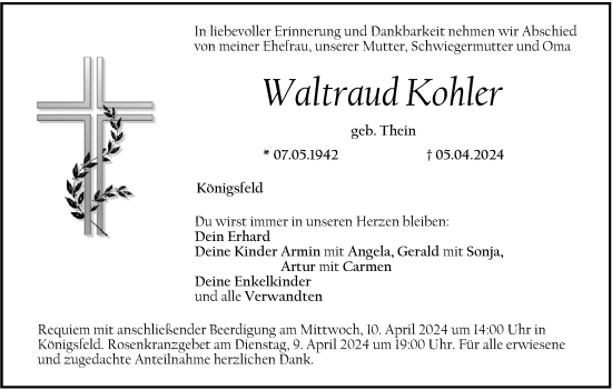 Anzeige von Waltraud Kohler von MGO