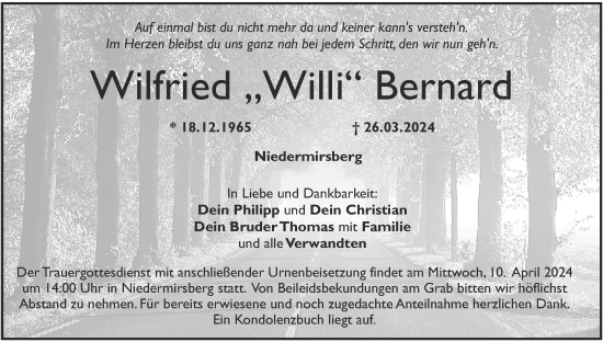 Anzeige von Wilfried Bernard von MGO