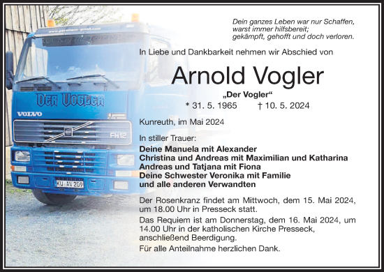 Anzeige von Arnold Vogler von MGO