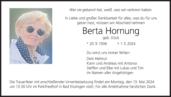 Anzeige von Berta Hornung von MGO