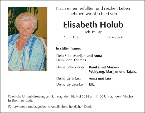 Anzeige von Elisabeth Holub von MGO