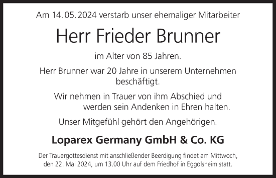 Anzeige von Frieder Brunner von MGO