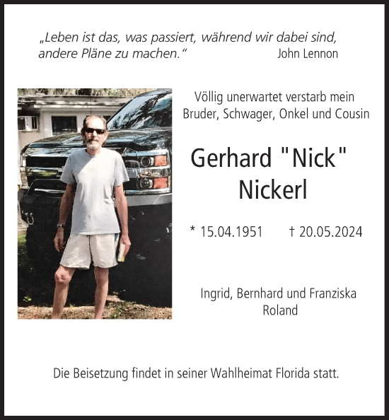 Anzeige von Gerhard Nickerl von MGO