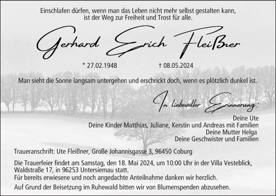 Anzeige von Gerhard Erich Fleißner von MGO