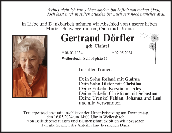 Anzeige von Gertraud Dörfler von MGO