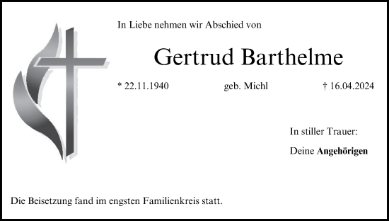 Anzeige von Gertrud Barthelme von MGO