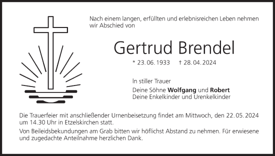 Anzeige von Gertrud Brendel von MGO