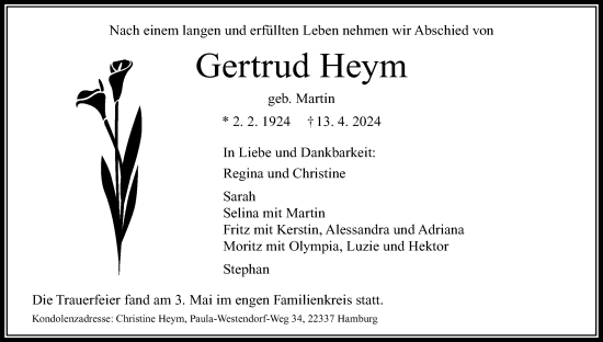 Anzeige von Gertrud Heym von MGO
