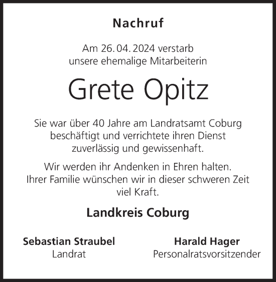 Anzeige von Grete Opitz von MGO