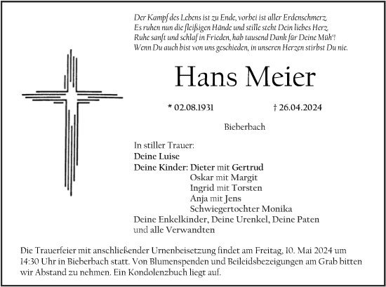 Anzeige von Hans Meier von MGO
