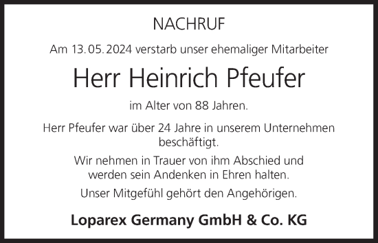 Anzeige von Heinrich Pfeufer von MGO