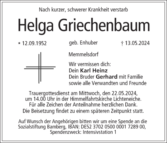 Anzeige von Helga Griechenbaum von MGO