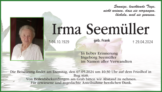 Anzeige von Irma Seemüller von MGO