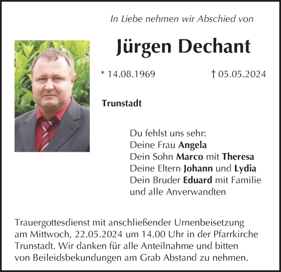 Anzeige von Jürgen Dechant von MGO