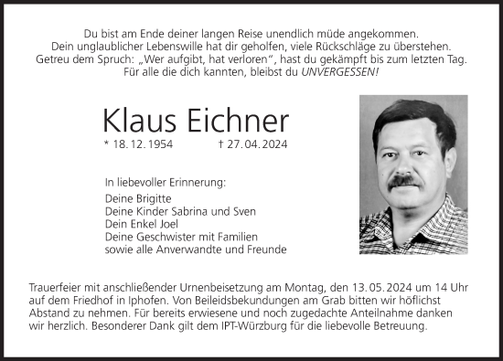 Anzeige von Klaus Eichner von MGO