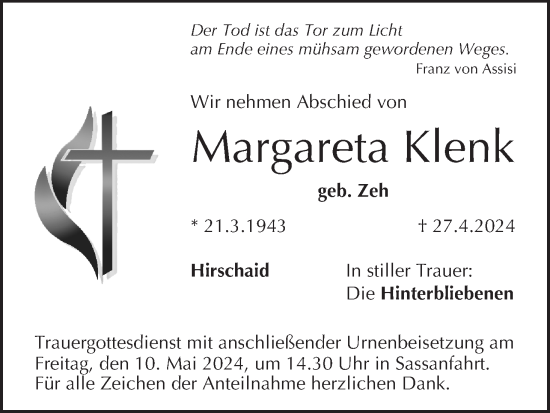 Anzeige von Margareta Klenk von MGO