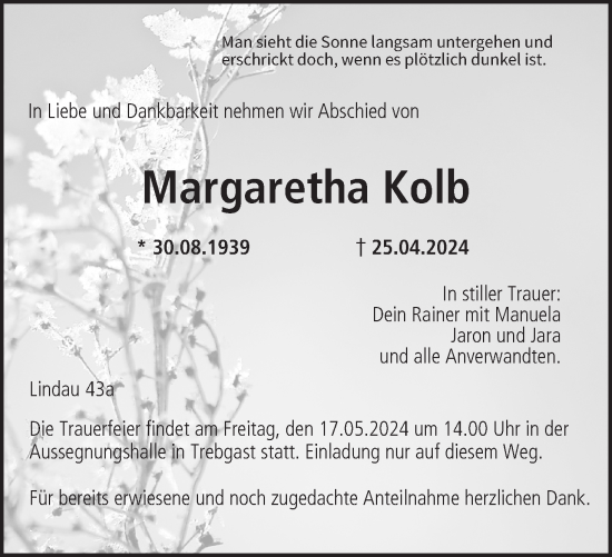 Anzeige von Margaretha Kolb von MGO