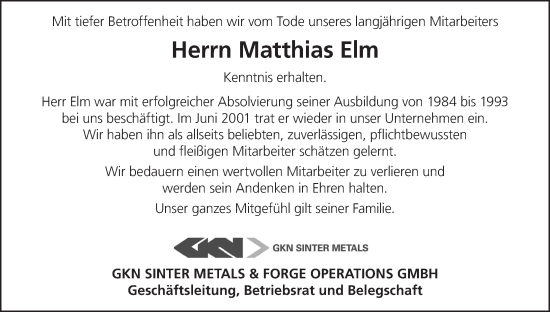 Anzeige von Matthias Elm von MGO