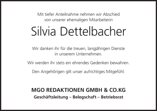 Anzeige von Silvia Dettelbacher von MGO