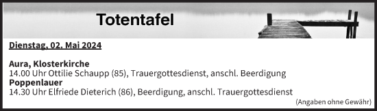 Anzeige von Totentafel vom 02.05.2024 von MGO