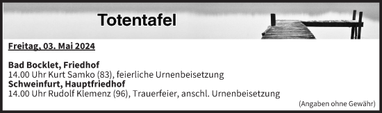 Anzeige von Totentafel vom 03.05.2024 von MGO