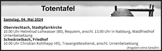 Anzeige von Totentafel vom 04.05.2024 von MGO