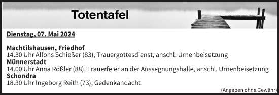 Anzeige von Totentafel vom 07.05.2024 von MGO