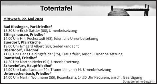 Anzeige von Totentafel vom 22.05.2024 von MGO