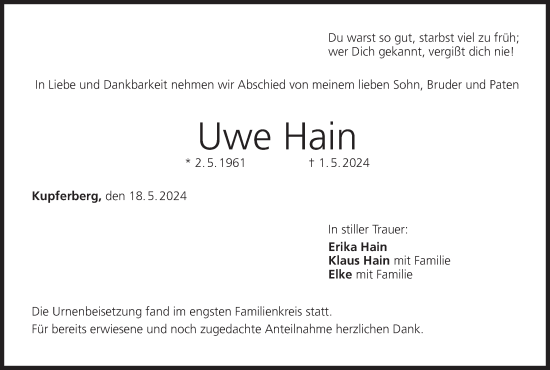 Anzeige von Uwe Hain von MGO
