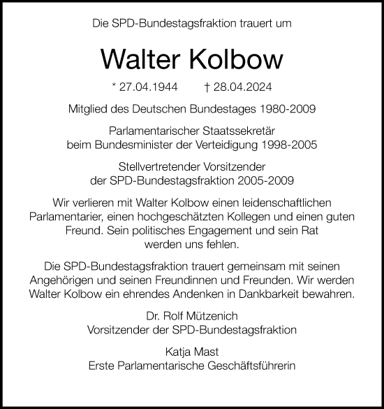 Anzeige von Walter Kolbow von MGO