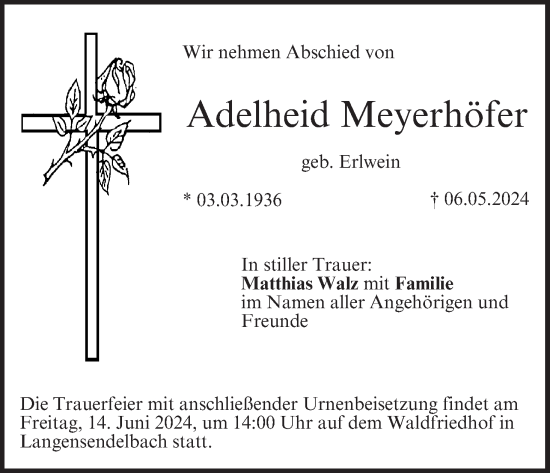 Anzeige von Adelheid Meyerhöfer von MGO