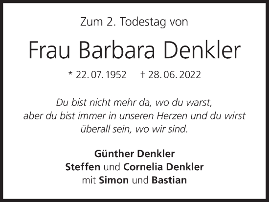 Anzeige von Barbara Denkler von MGO