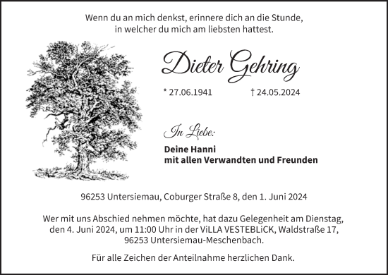 Anzeige von Dieter Gehring von MGO