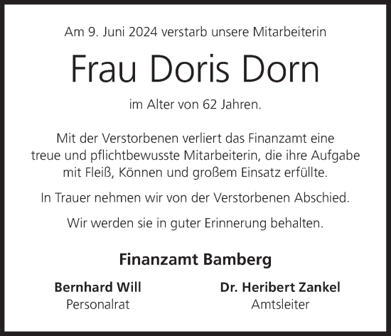 Anzeige von Doris Dorn von MGO
