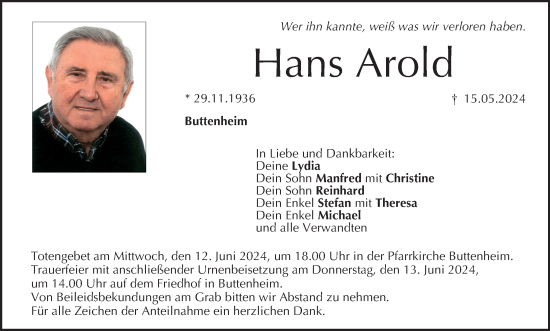 Anzeige von Hans Arold von MGO